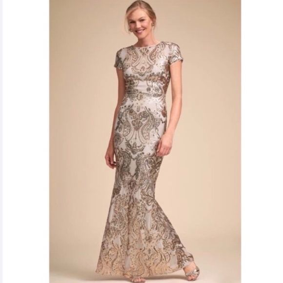 BHLDN Glamorous Sequin Dress In Gold/Fog Maxi